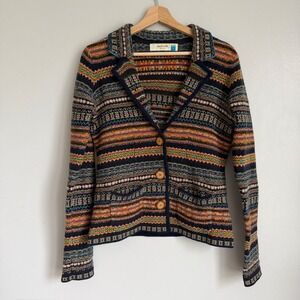 Sparrow Anthropologie Womens Small Lambswool Fair Isle Knit Cardigan Blazer Navy